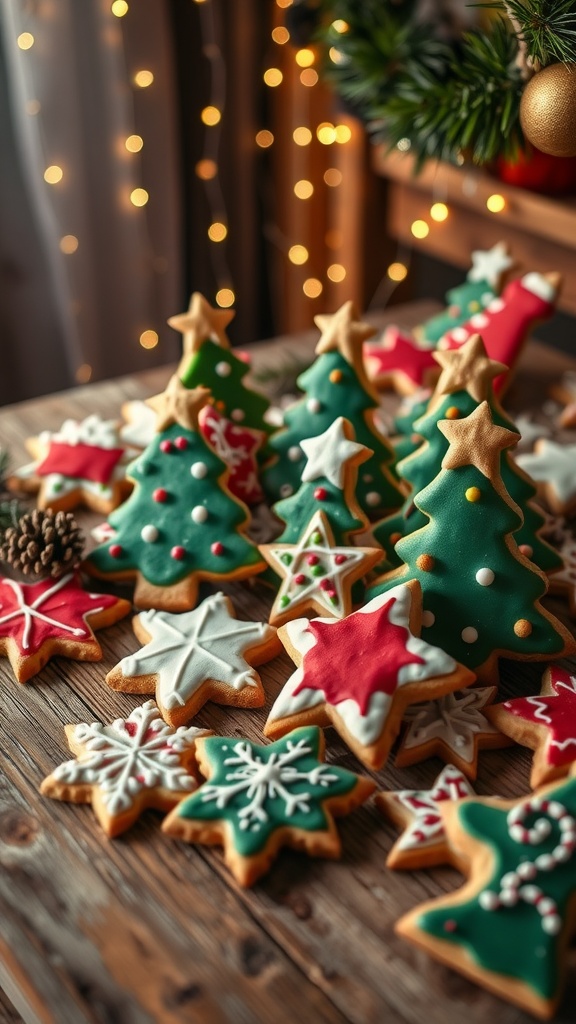 A variety of decorated Christmas cookies in festive shapes on a wooden table.